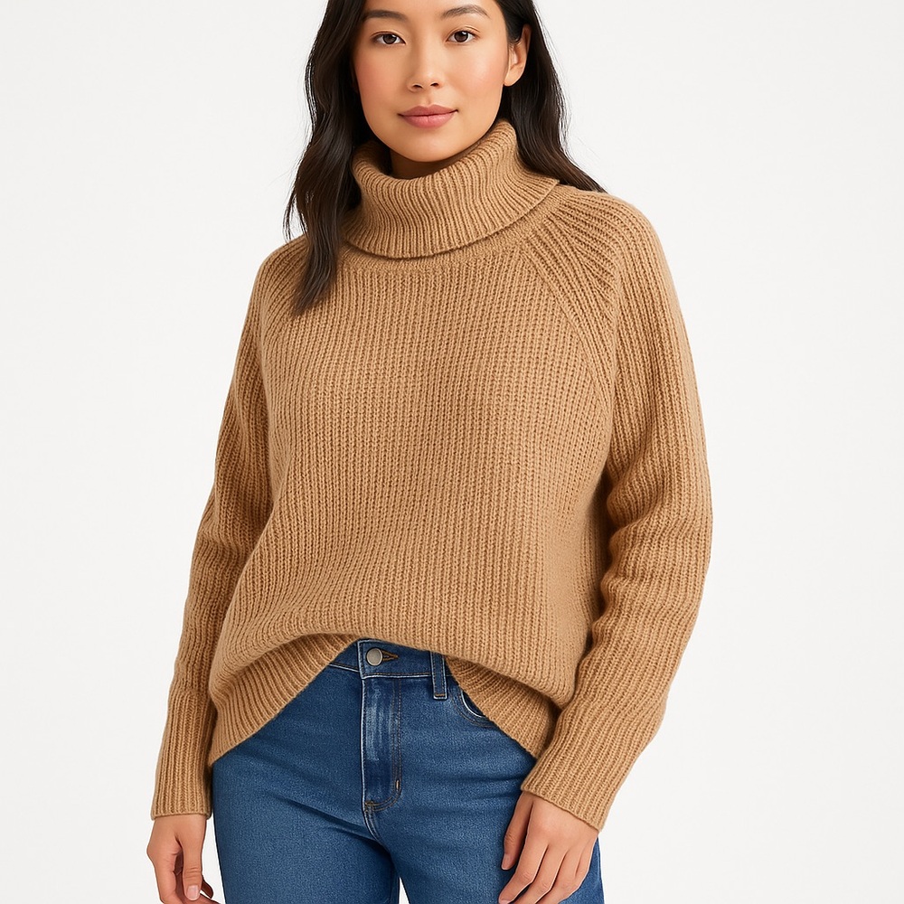 Cloth knit sweater turtleneck beige tan long sleeves neutral soft medium Large